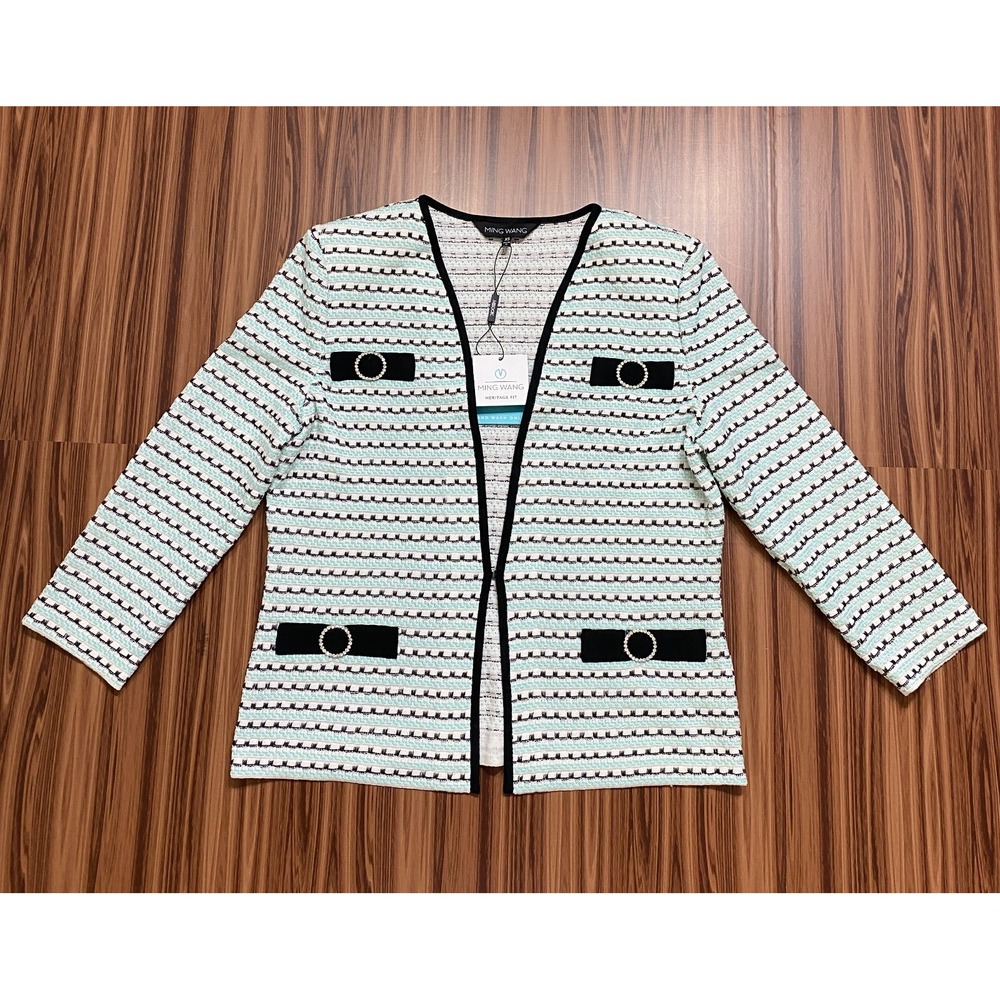 Ming Wang Jacket‎ Womens XS Heritage Fit Aqua White Black Texture Knit NEW